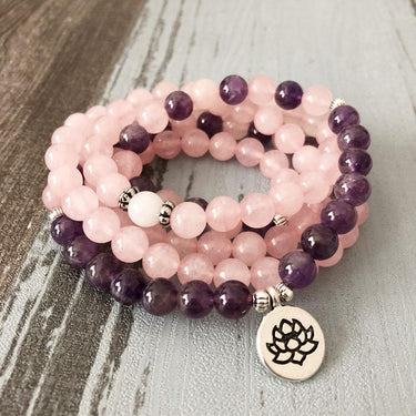 Rose Quartz Amethyst Mala 108 Beads Bracelet - Lotus / Buddha / Om-Your Soul Place